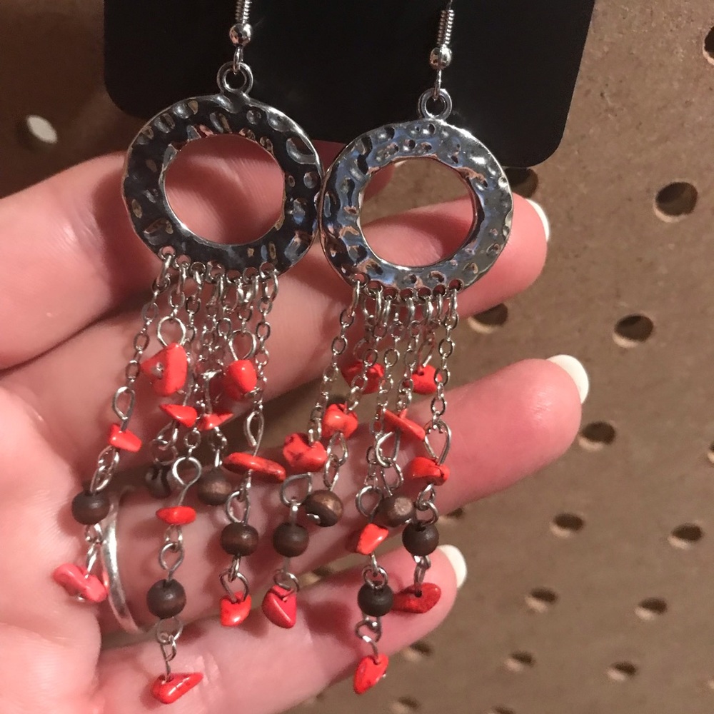 Lightweight silver discs w/red and brown beads.
